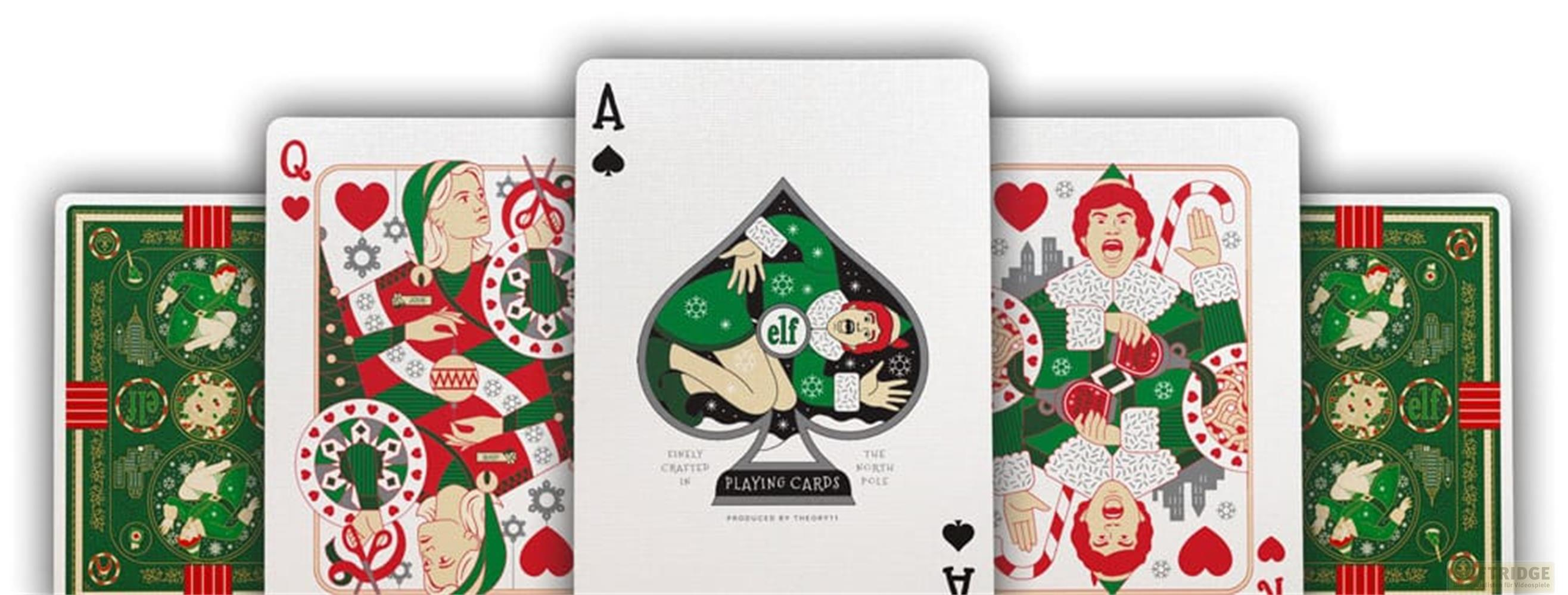 Spielkarten mit Elfen-Motiv in Rot und Grün, umgeben von Herzen und Pik-Symbolen.