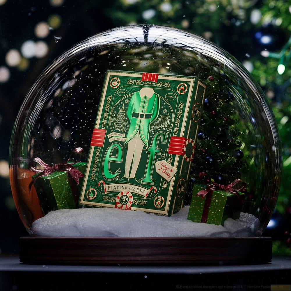Schneekugel mit Spielkartenbox 'Elf', Geschenken und Schneeflocken.