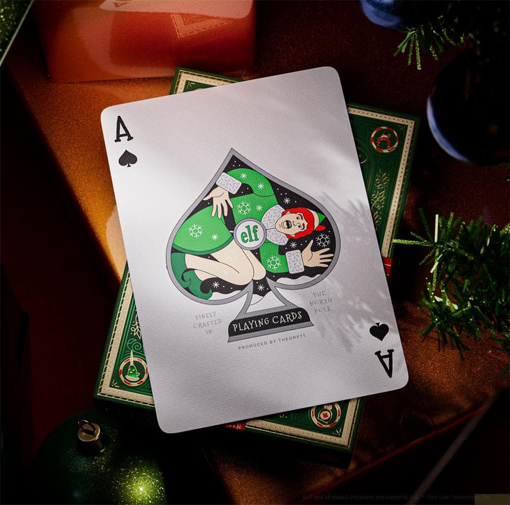 Pik-Ass Kartenspiel mit einer Elfen-Illustration im Pik, auf einem Deck.