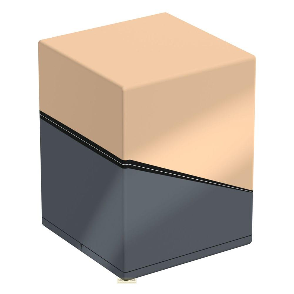 Ein zweifarbiger Würfel mit beige und anthrazitgrauen Flächen, geteilt durch eine schwarze Linie.