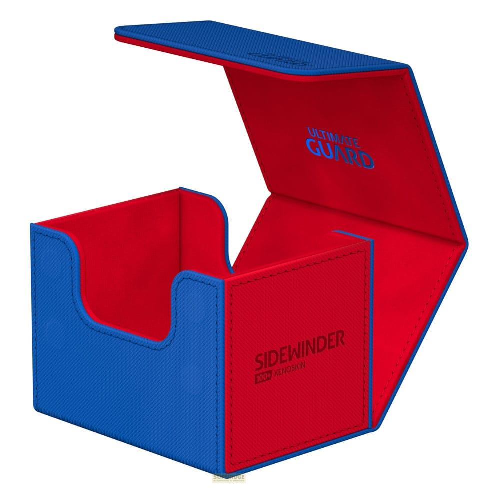 Scatola per carte blu e rossa, aperta, con logo.