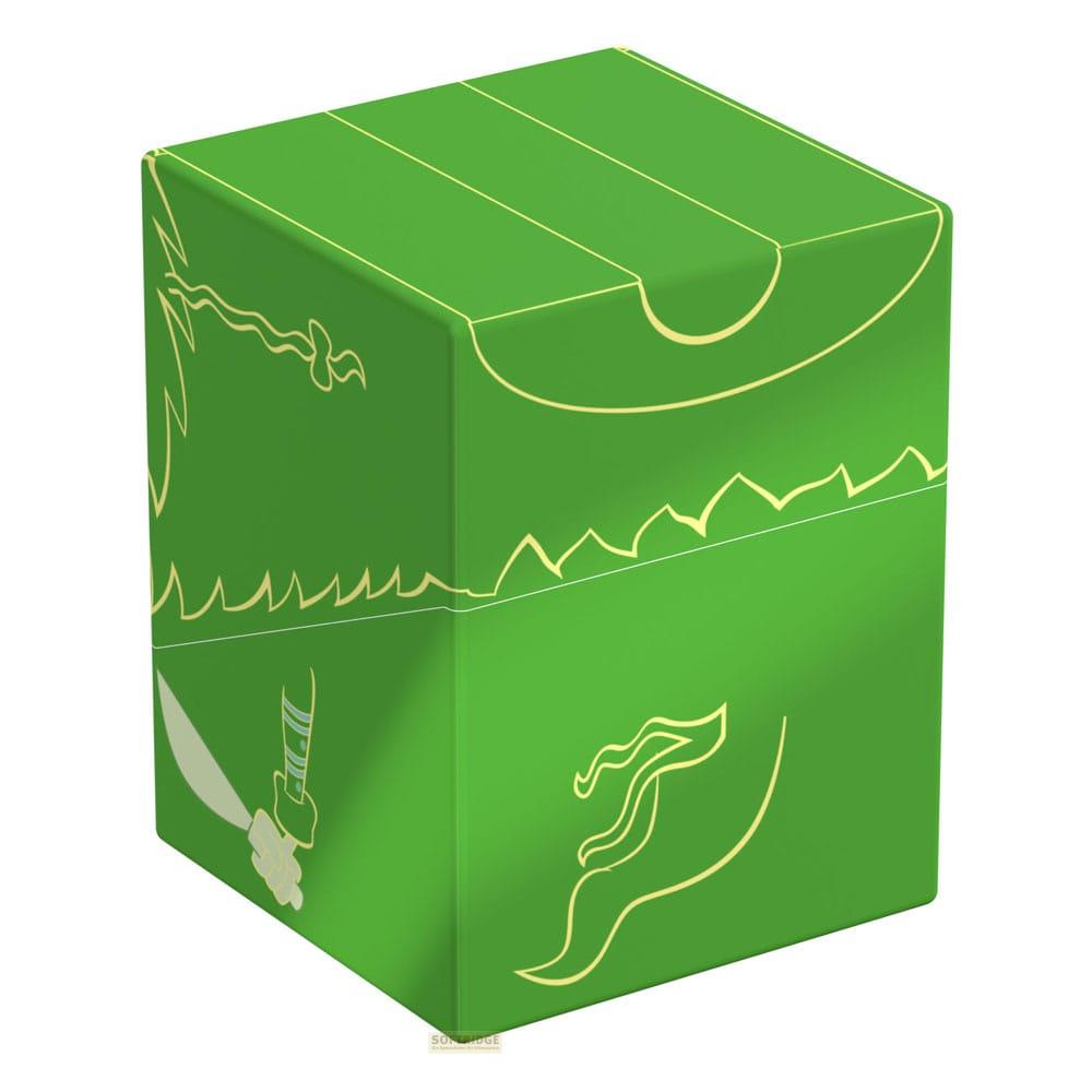 Grüne Box mit gelben Linien und Bildern, die ein Schwert und eine Figur zeigen.