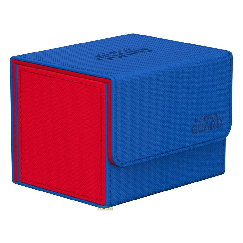 Scatola porta carte da gioco blu e rossa con logo in rilievo.