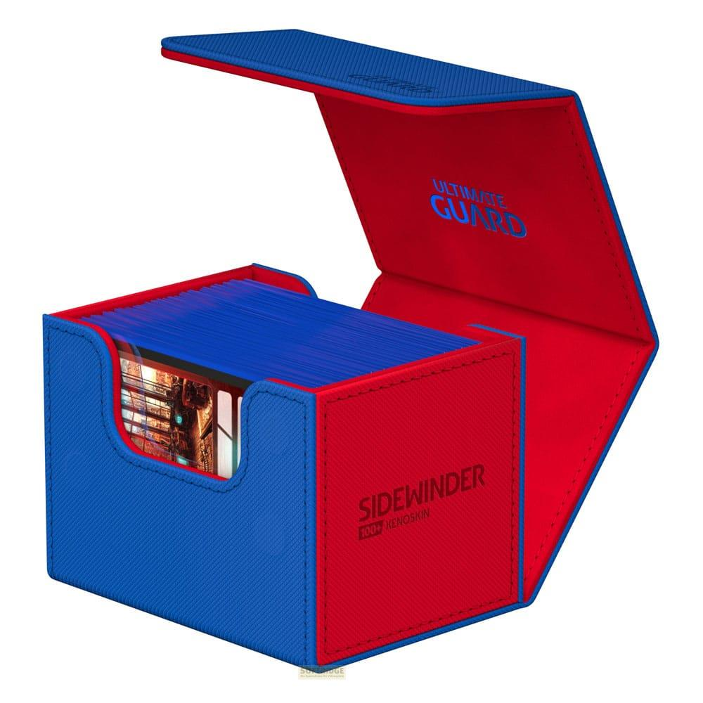 Box porta carte blu e rosse con coperchio aperto, carte visibili.