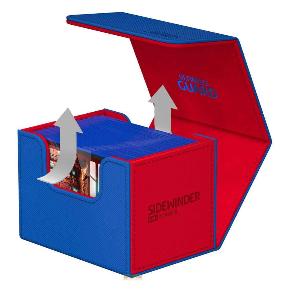 Scatola blu e rossa per mazzo di carte con coperchio aperto e frecce verso l'alto.