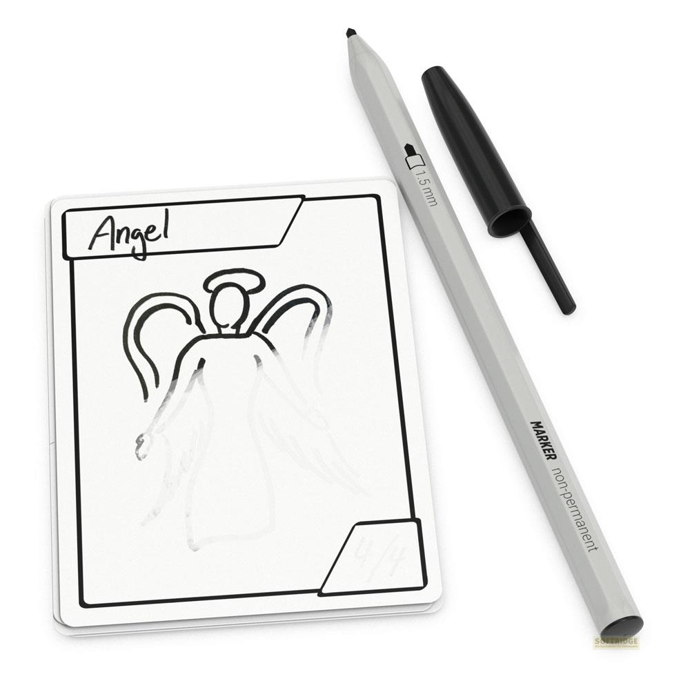 Une carte avec un dessin d'ange et le mot "Angel" à côté d'un marqueur.