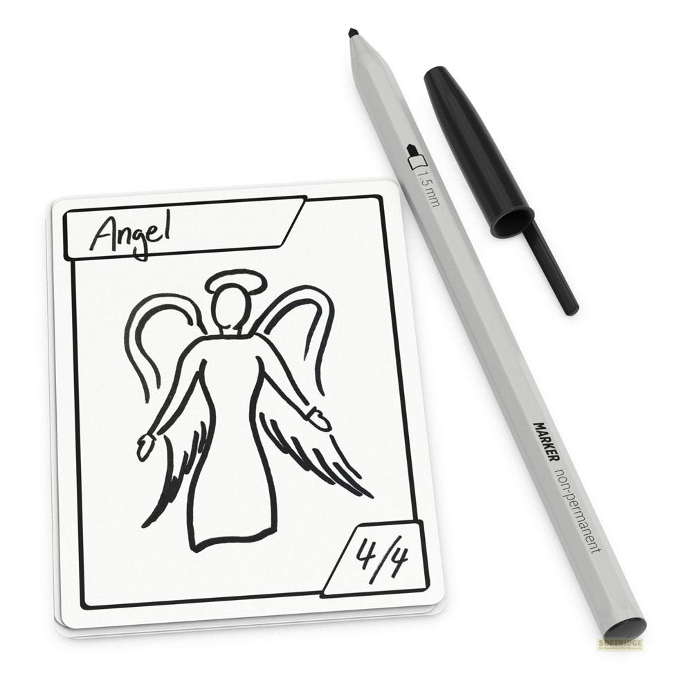 Une carte avec un dessin d'ange et un marqueur à côté.