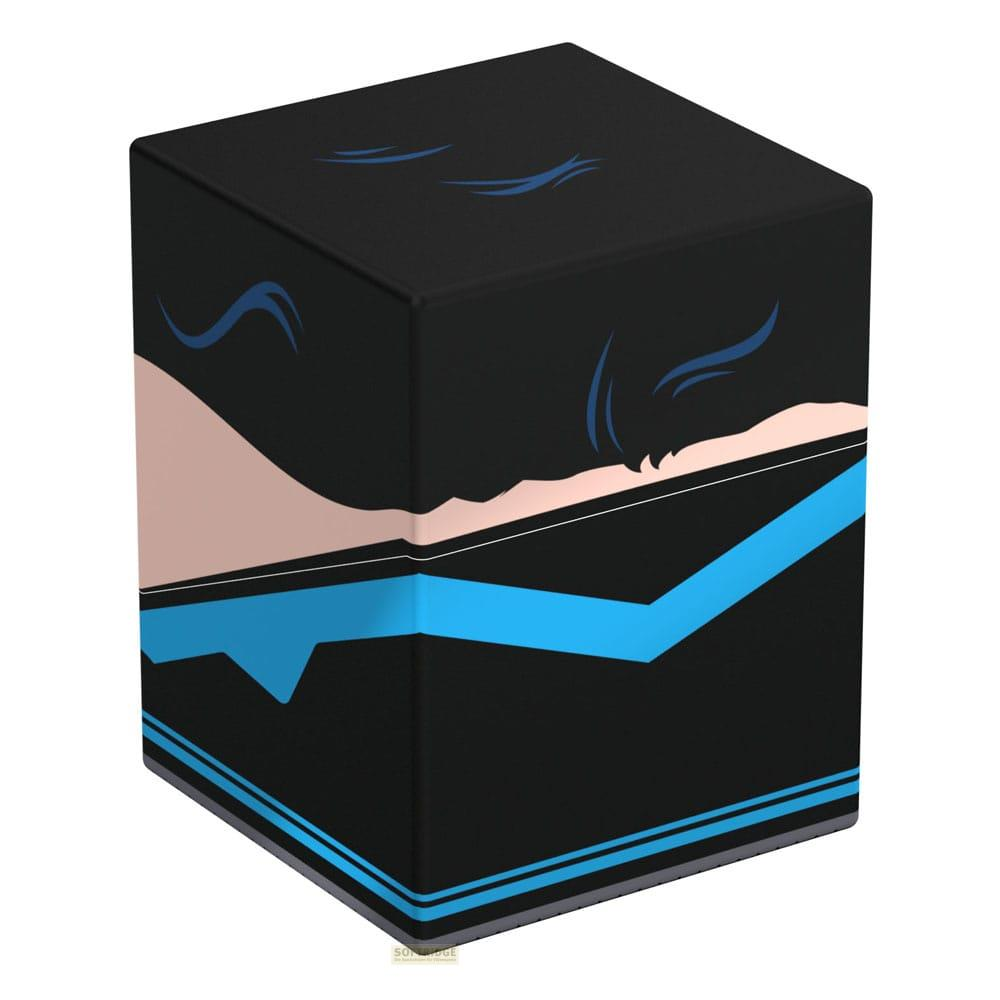 Schwarzer Würfel mit blauem Design, der wie ein Gesicht aussieht.