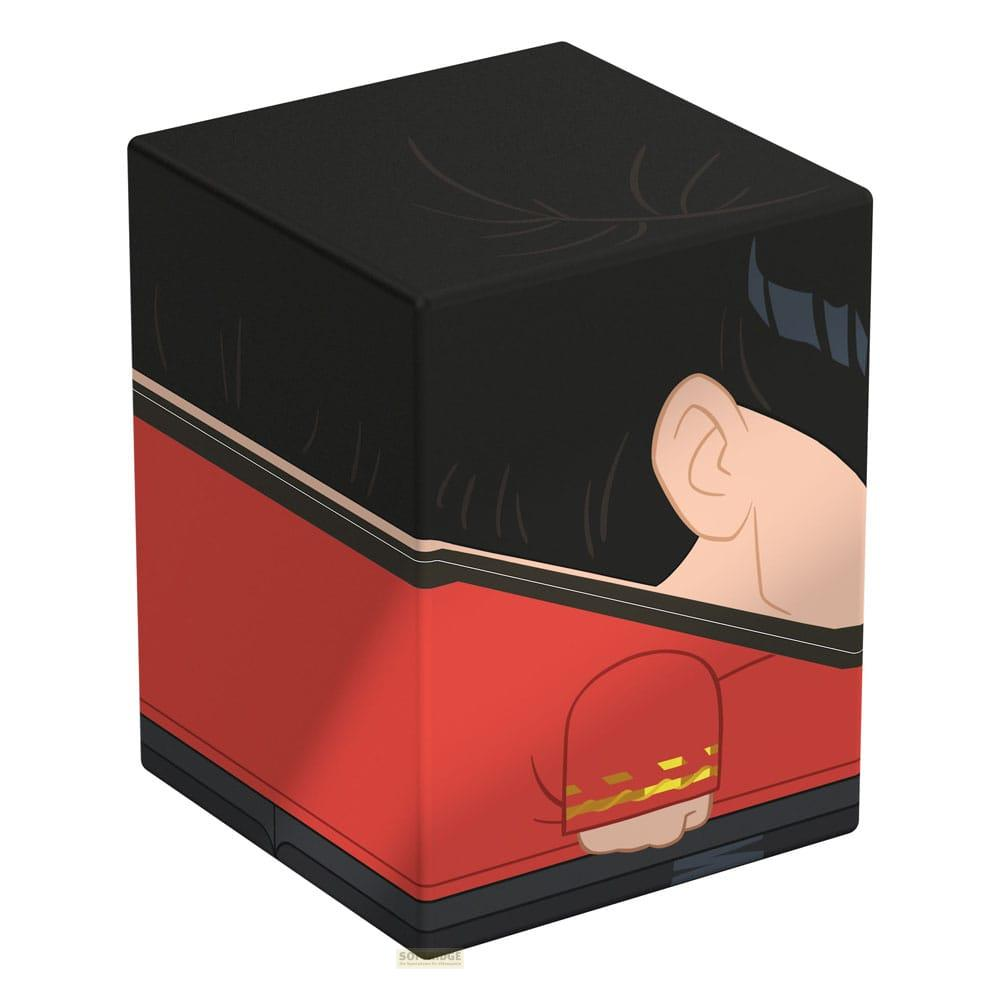 Un cubo con il volto di un personaggio dei cartoni animati, nei colori rosso e nero.