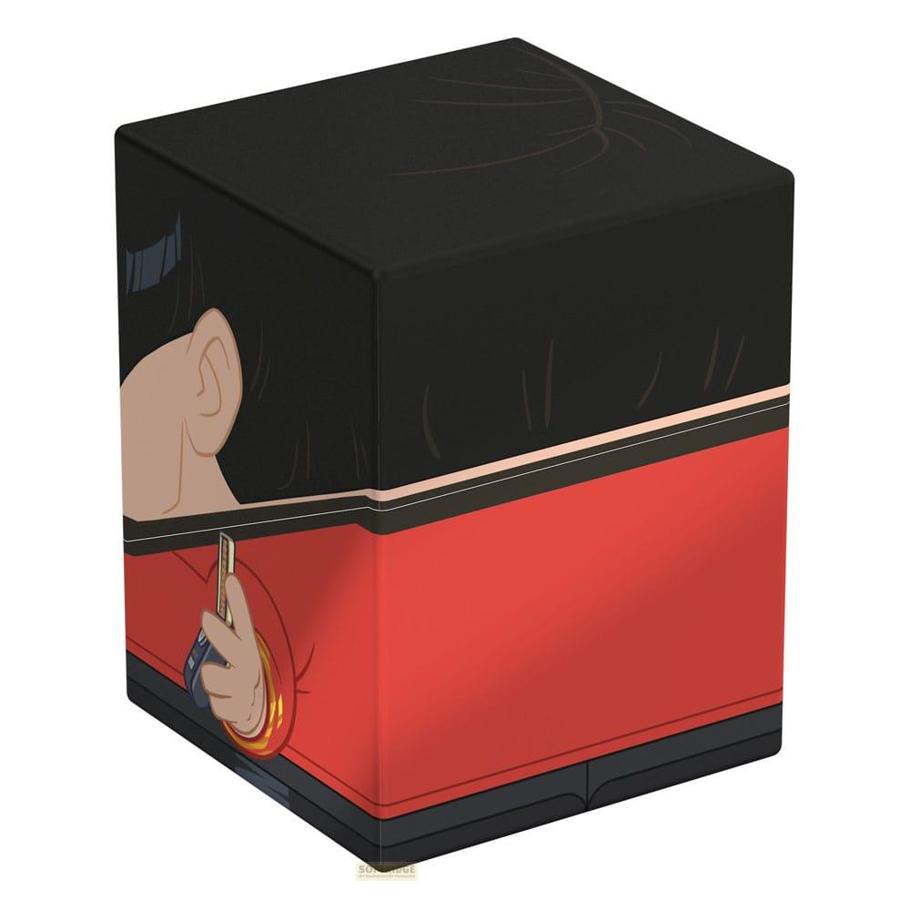 Un cubo nero e rosso con l'illustrazione di una persona dai capelli scuri.