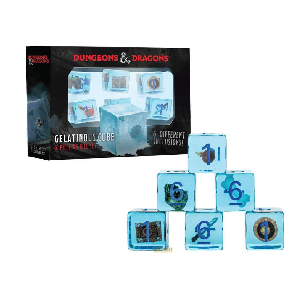 Set di dadi D&D con 6 dadi in un cubo trasparente con varie inclusioni.