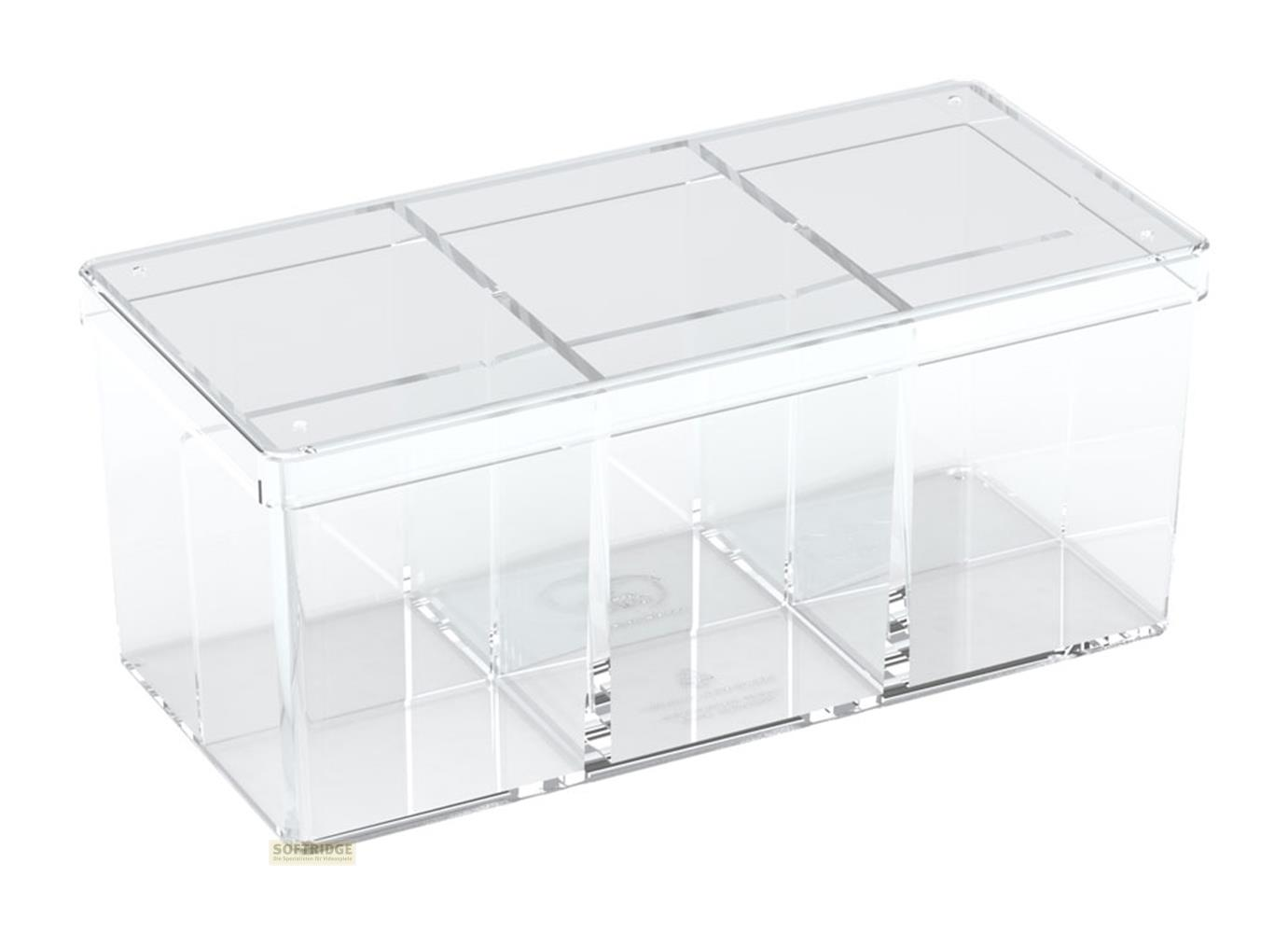 Un conteneur rectangulaire transparent avec plusieurs compartiments et un couvercle.