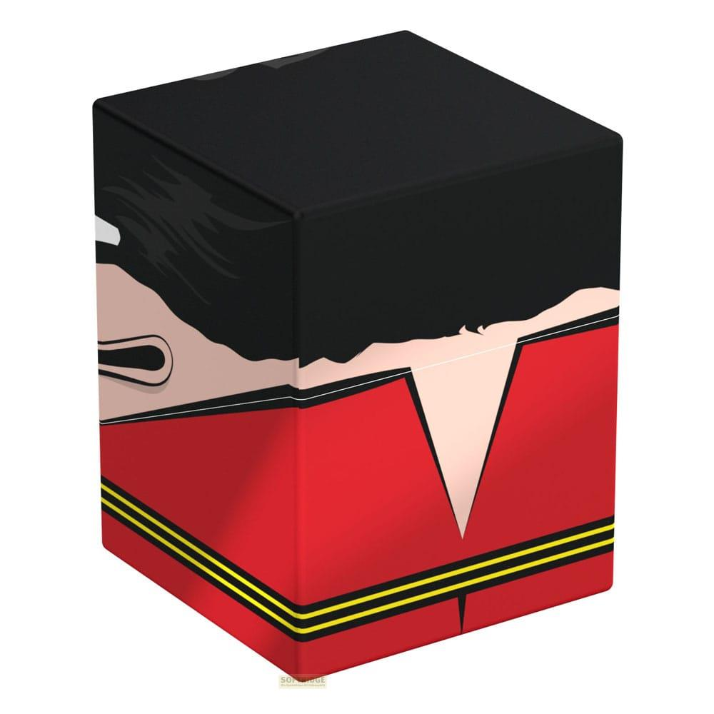 Un cube noir et rouge représentant le visage d'un ours avec un chapeau.