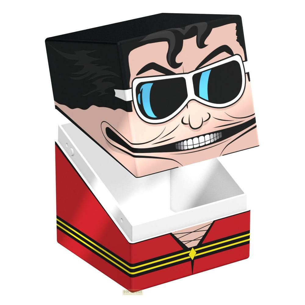 Une boîte avec un visage de dessin animé et un col rouge à rayures jaunes.