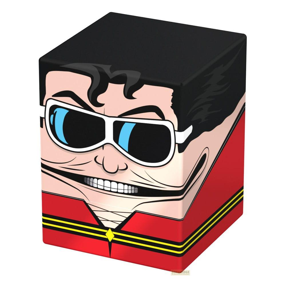 Un cube avec un visage portant un costume rouge et des lunettes de soleil.