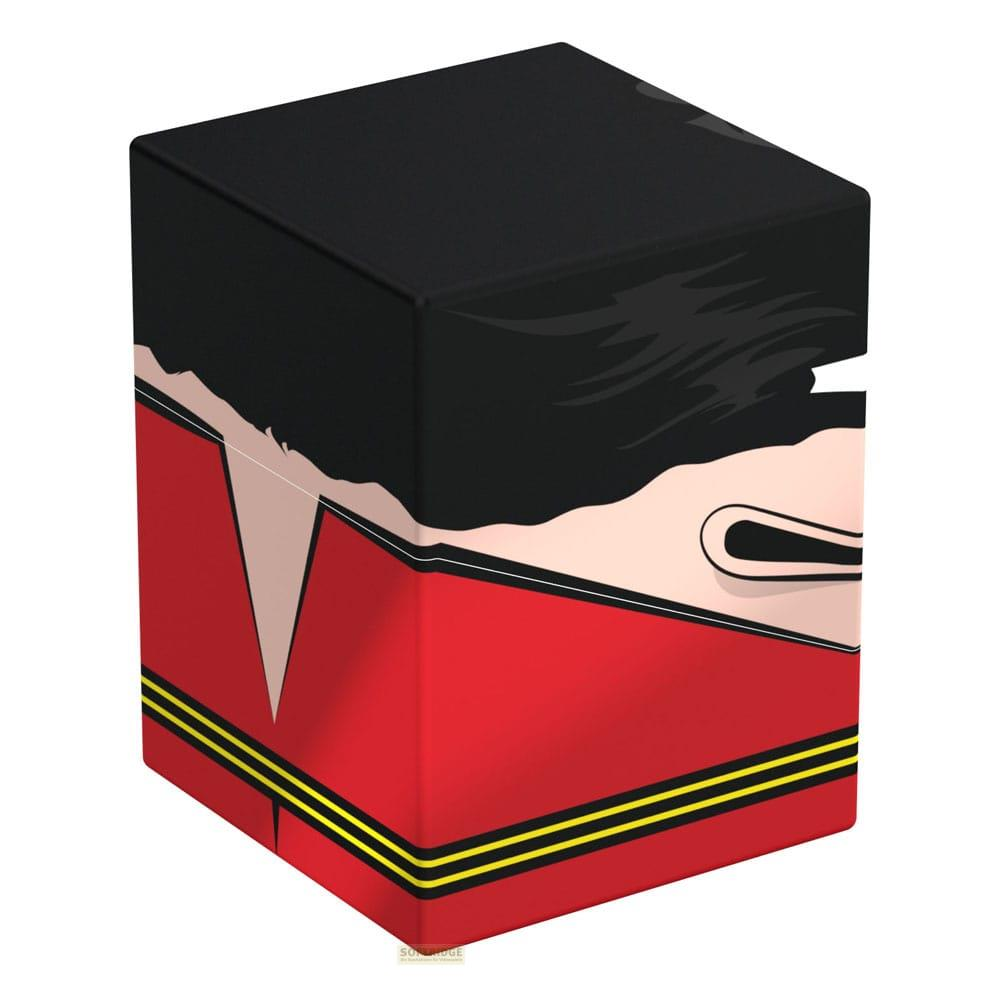 Un cube noir avec un motif rouge et jaune sur sa face avant.