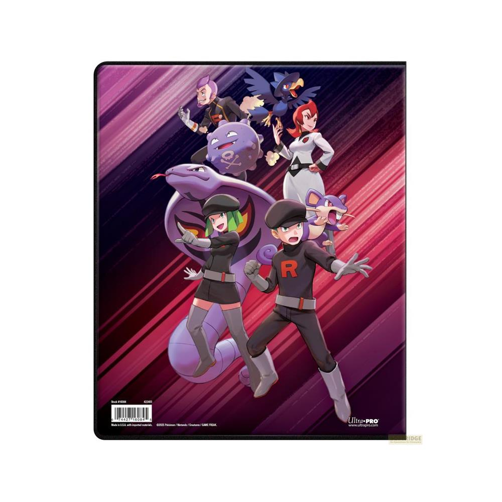 Personaggi del Team Rocket e Pokémon su sfondo a righe rosa e viola.