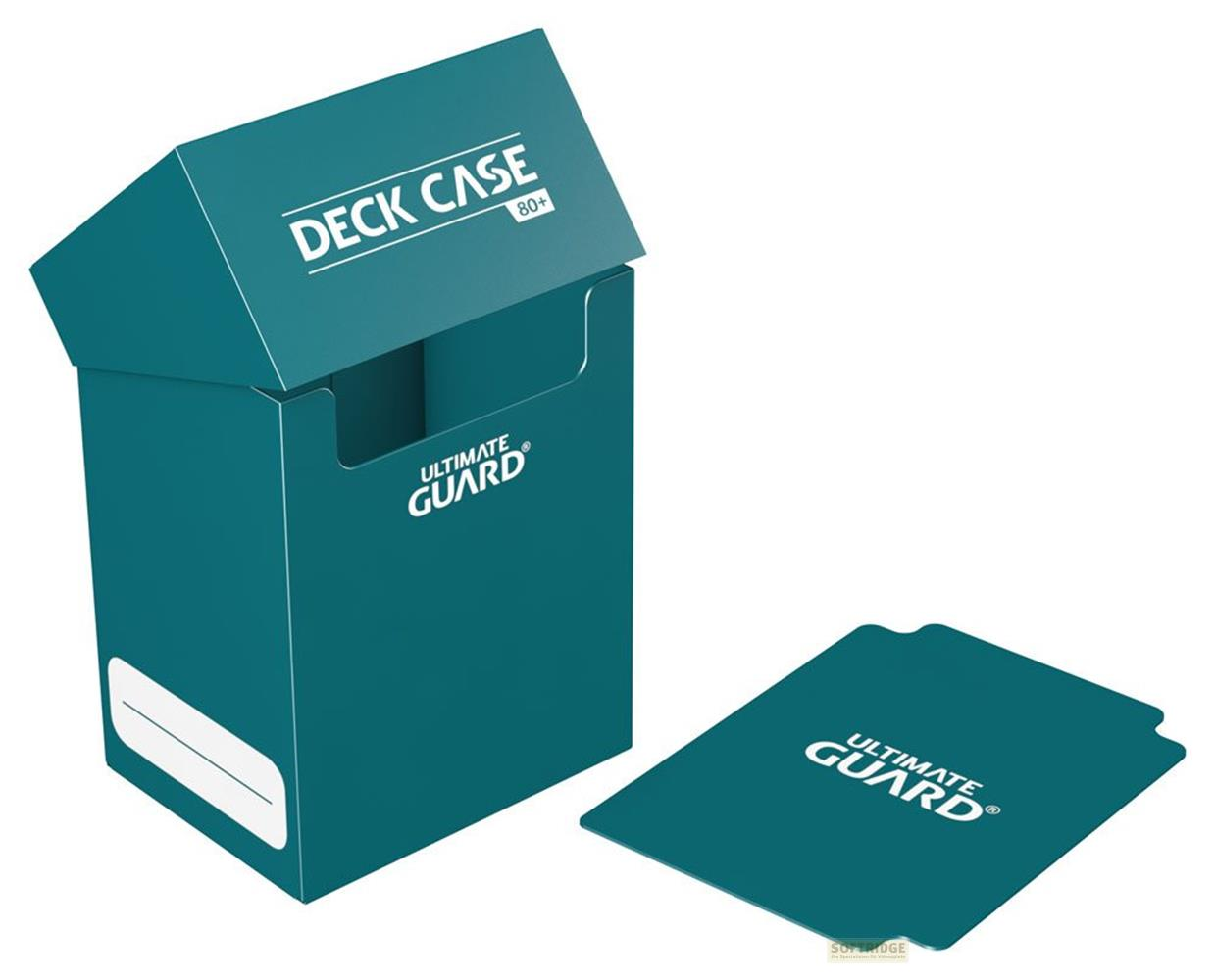 Un étui à cartes bleu sarcelle et une carte individuelle, tous deux avec le logo "Ultimate Guard".