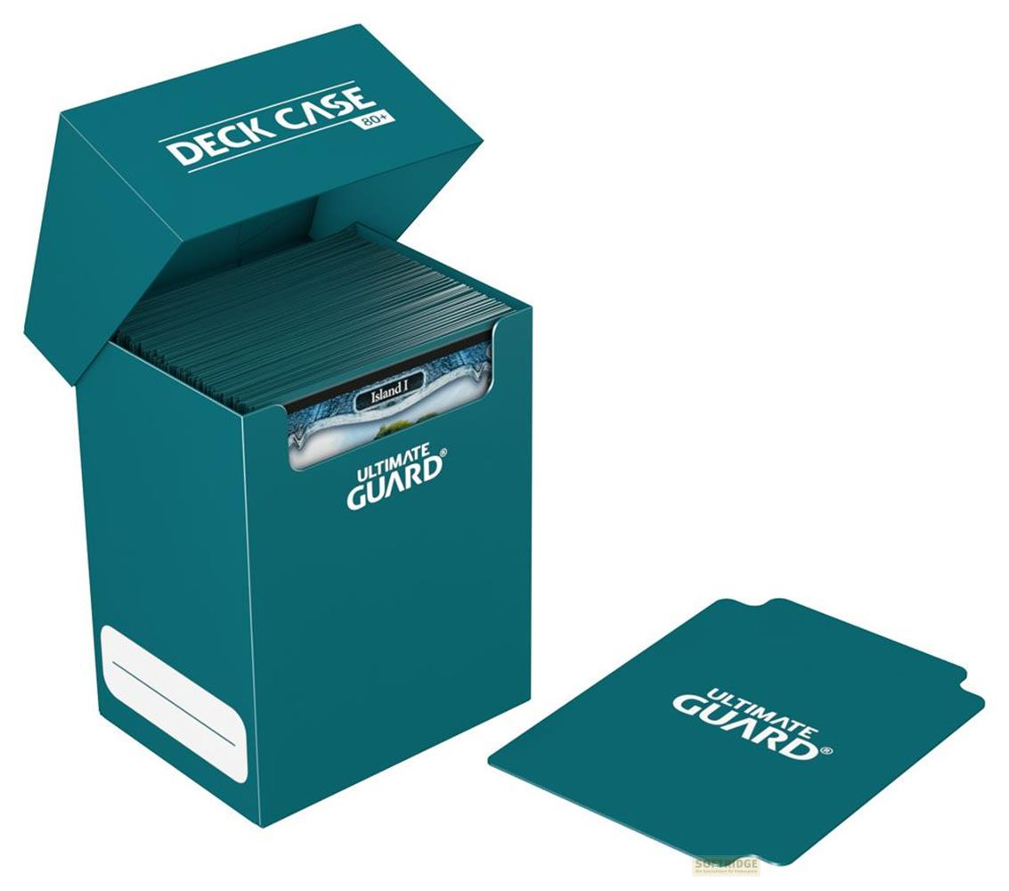 Une boîte de deck bleu sarcelle avec son couvercle ouvert, remplie de cartes.