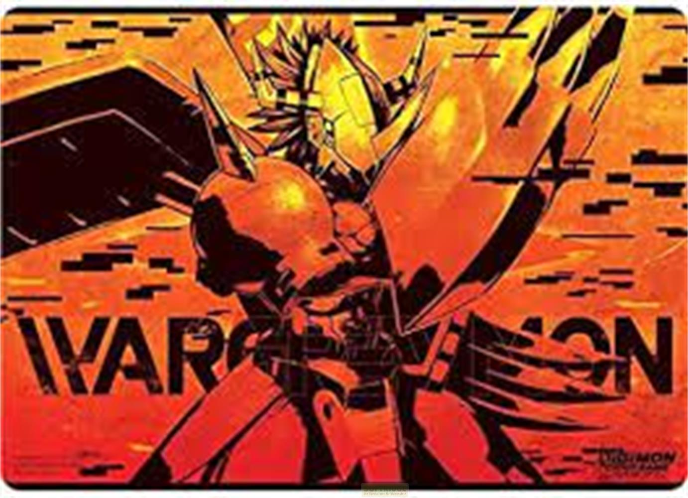 Un guerrier orange avec cornes et ailes, fond avec des glitches.