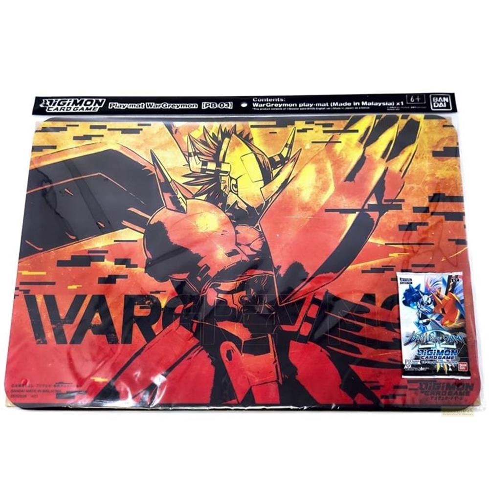 Tapis de jeu Digimon WarGreymon avec un design détaillé rouge et jaune.