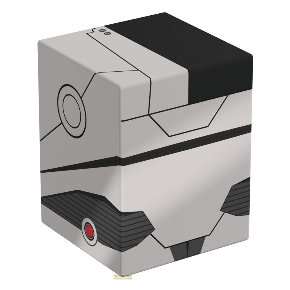 Un cube gris avec des lignes noires et un cercle rouge devant.