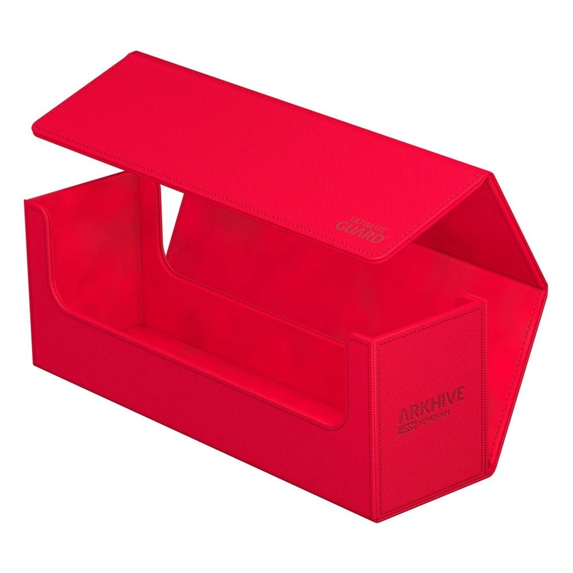 Un porte-cartes rouge avec couvercle ouvert, texturé intérieur et extérieur.