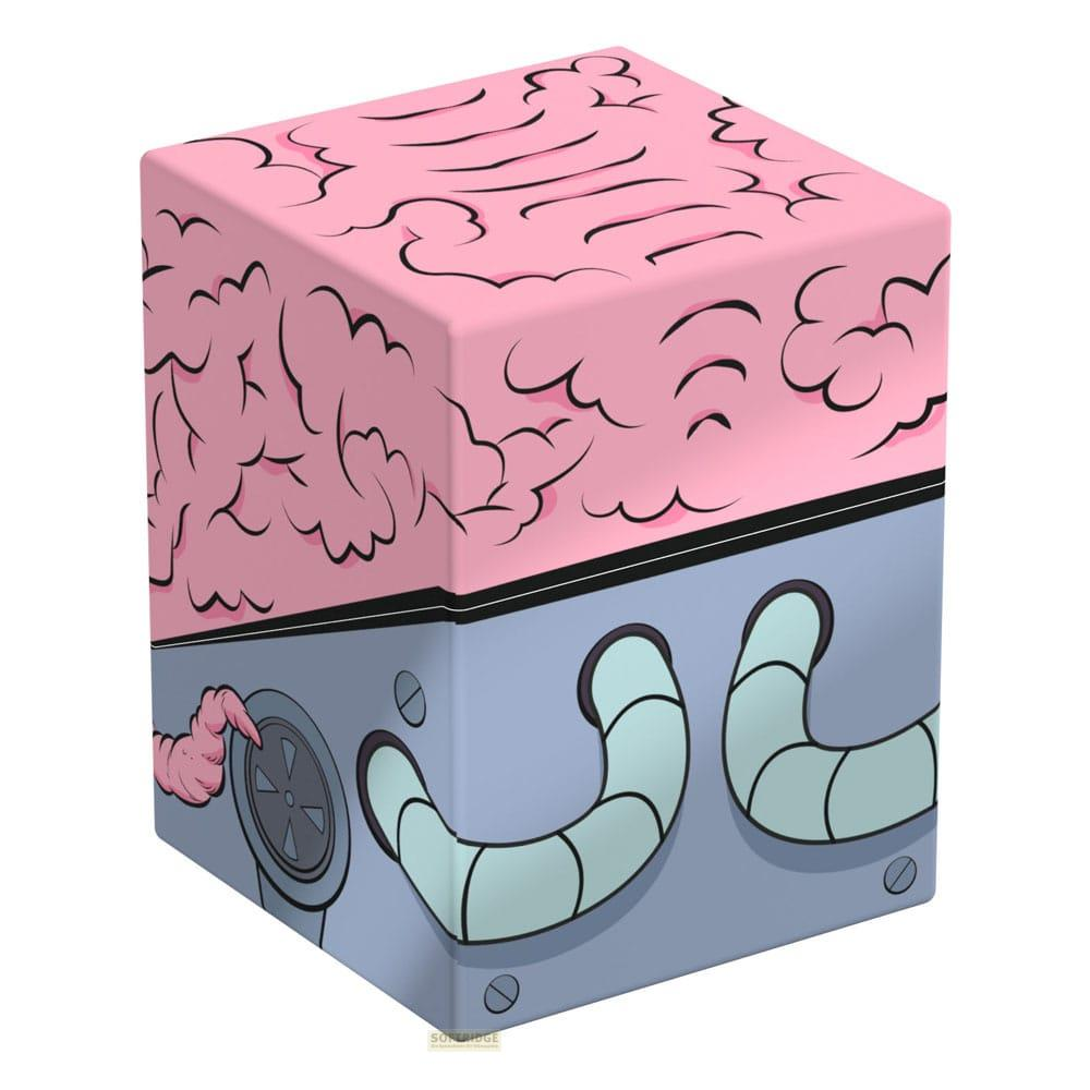 Cube cerveau rose avec bras robotiques bleus et une ventilation sur fond blanc.