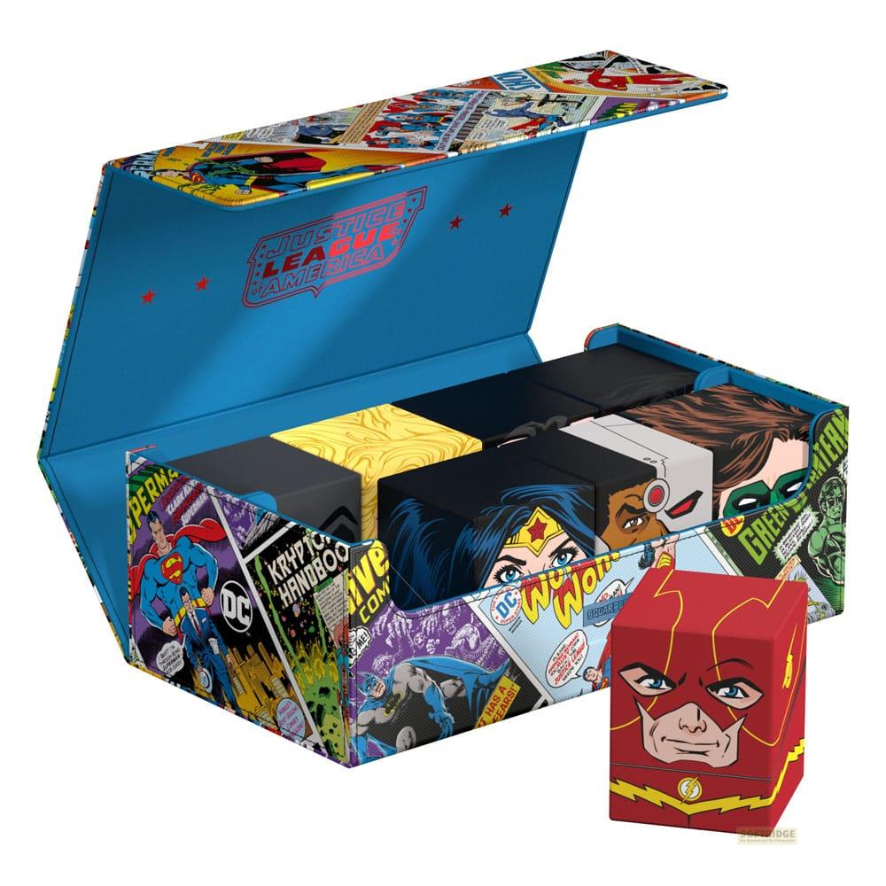 Boîte à BD Justice League America avec des héros DC. Boîte ouverte montre des séparateurs et des cartes. Une boîte Flash est à l'extérieur.