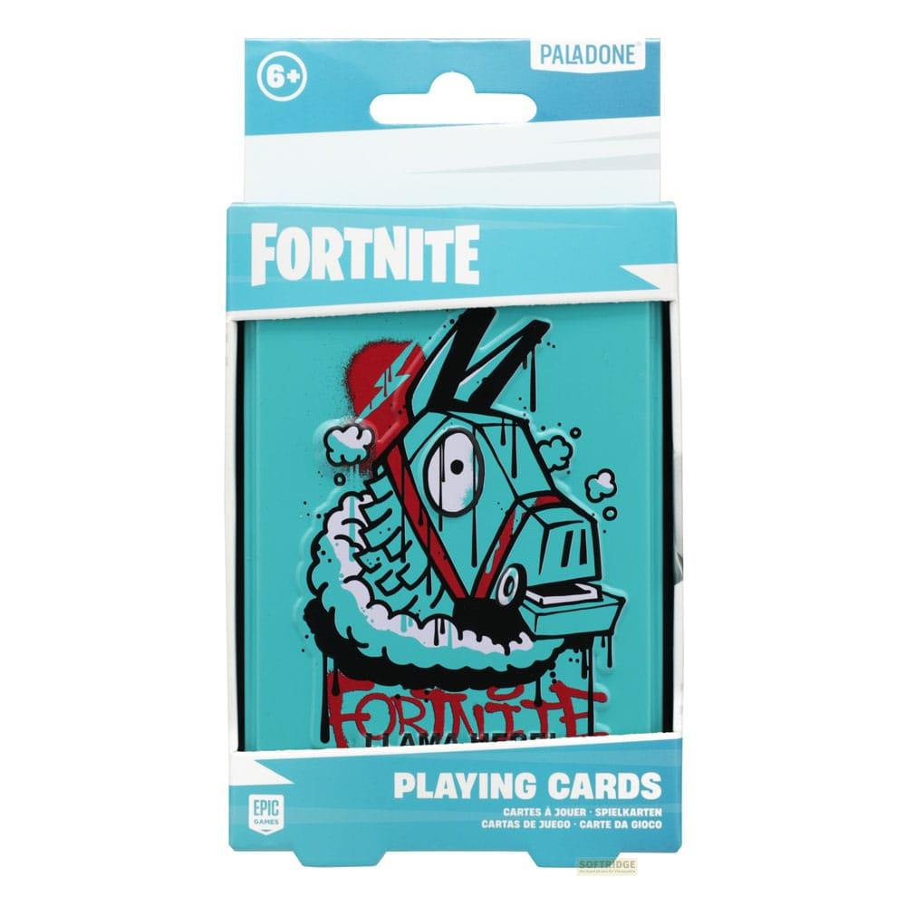Pudełko kart Fortnite z motywem lamy i oznaczeniem wiekowym 6+.