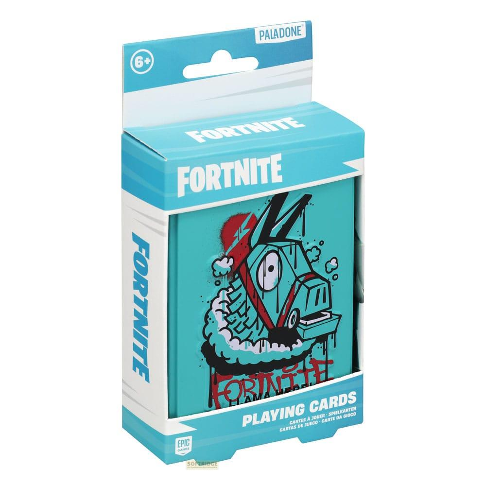 Pudełko kart do gry Fortnite z motywem lamy. Napis Paladone w prawym górnym rogu.