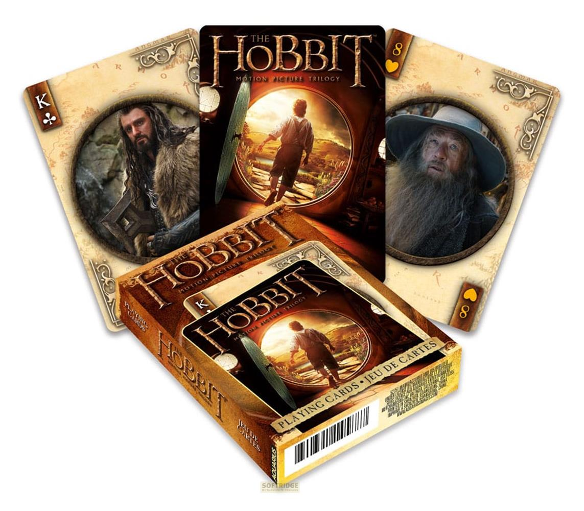 Le carte da gioco e la scatola di The Hobbit presentano Gandalf, Thorin e Bilbo.
