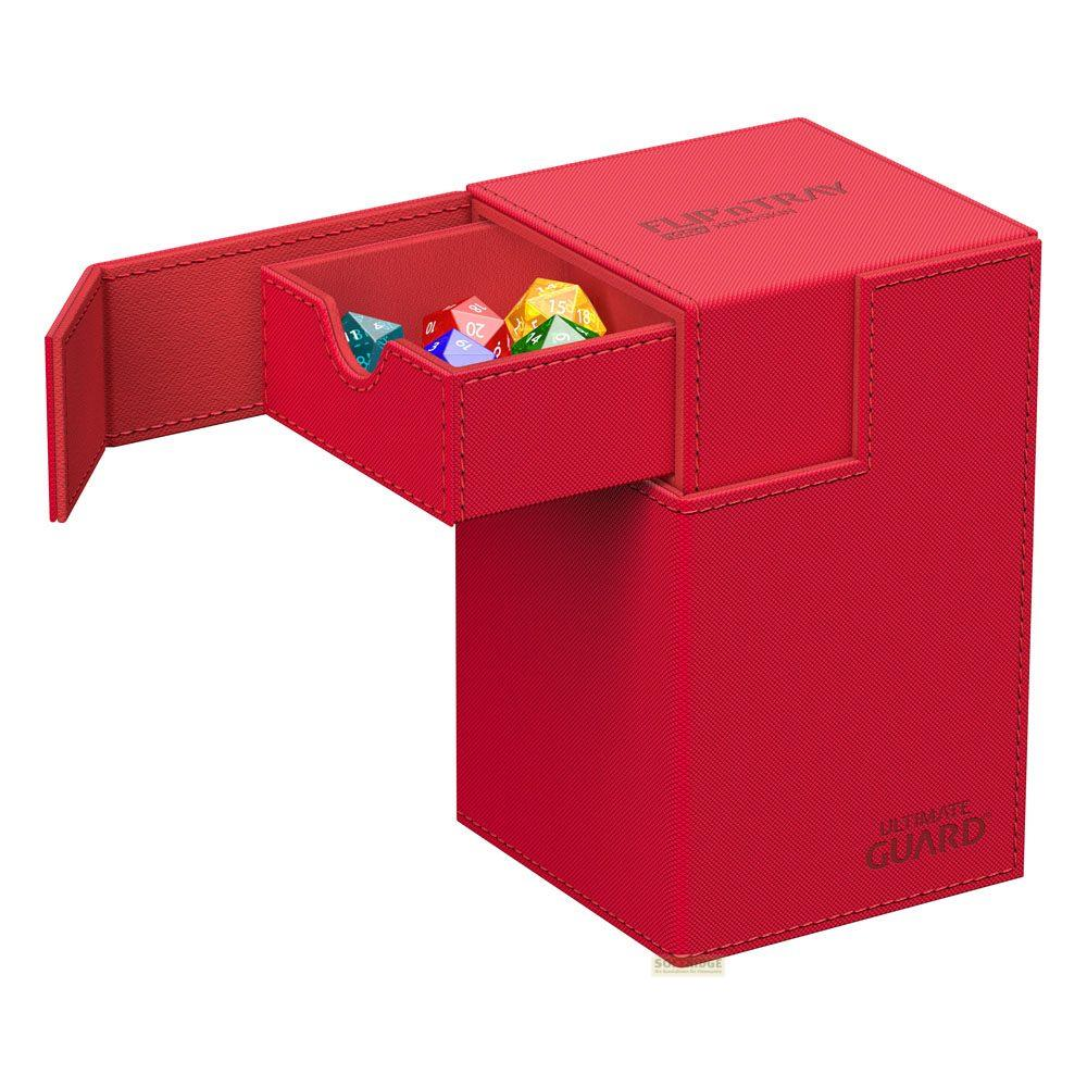 Una scatola portaoggetti rossa con un cassetto aperto contenente dadi colorati.