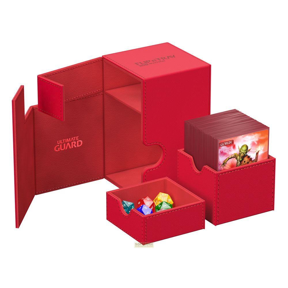 Scatola rossa per carte da gioco con dadi e carte con illustrazione di goblin.