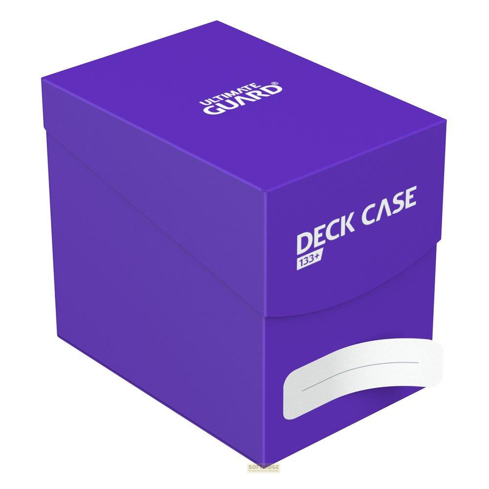 Custodia viola per carte, etichettata 'Deck Case 133+' e 'Ultimate Guard'.