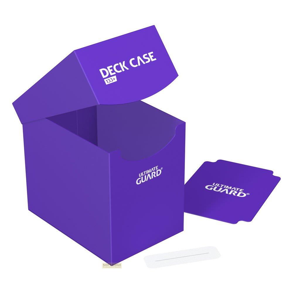 Custodia per mazzo viola con coperchio aperto e carta etichettata.