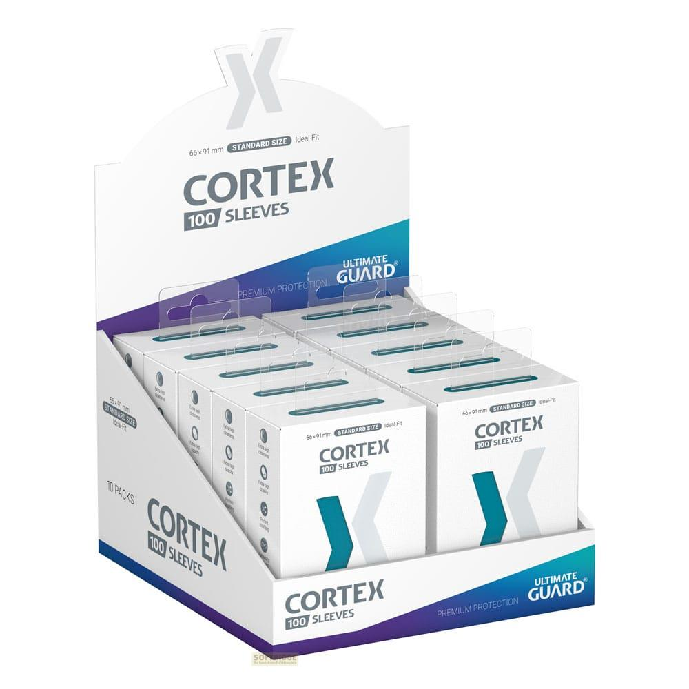 Espositore con 10 confezioni da 100 bustine protettive per carte Cortex.
