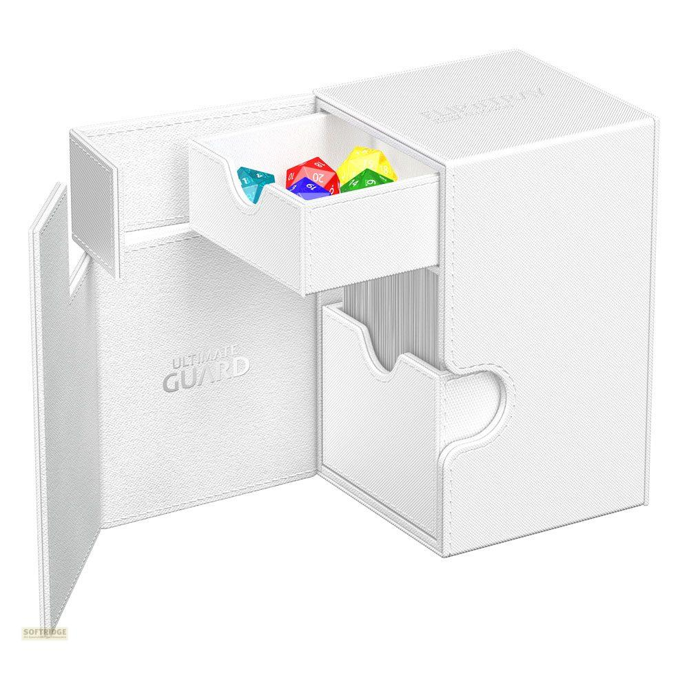 Un organizer bianco per giochi di carte con un cassetto contenente dadi colorati.