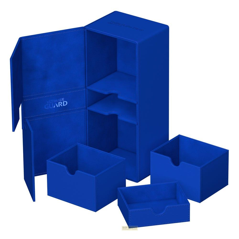 Scatole blu per riporre giochi di carte con scomparti e cassetti.
