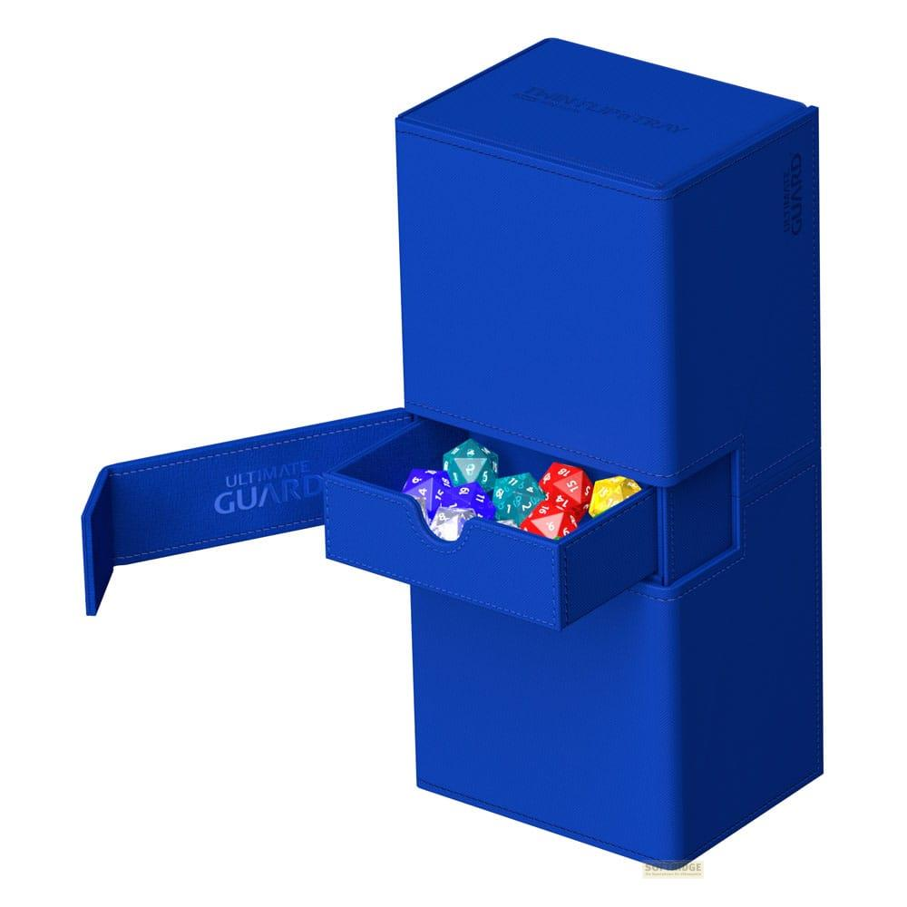 Un contenitore blu per dadi con un cassetto aperto che mostra dadi colorati.