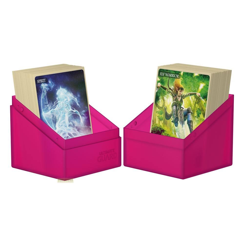 Deux boîtes à cartes roses avec des cartes de jeu. L'une montre un esprit, l'autre une guerrière elfe.