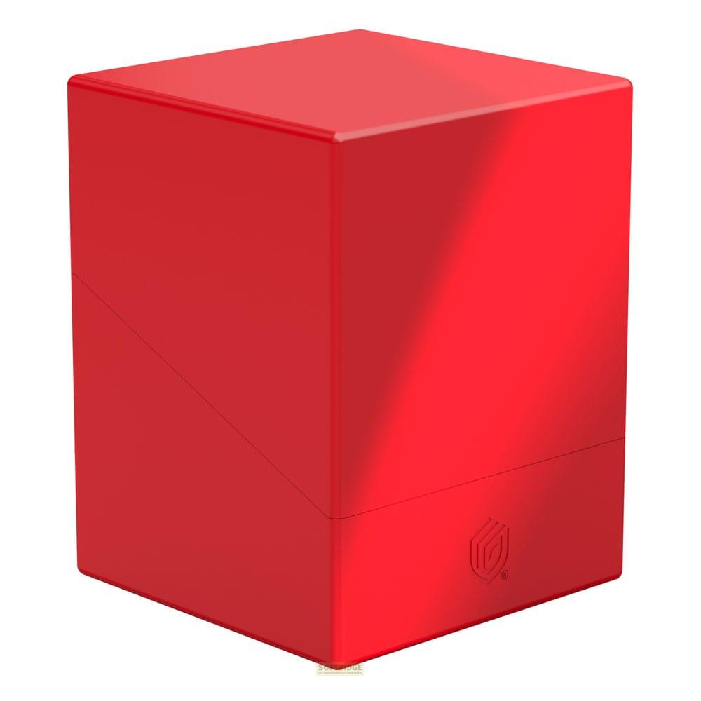 Un cubo rosso con un logo sulla faccia anteriore, isolato su sfondo bianco.