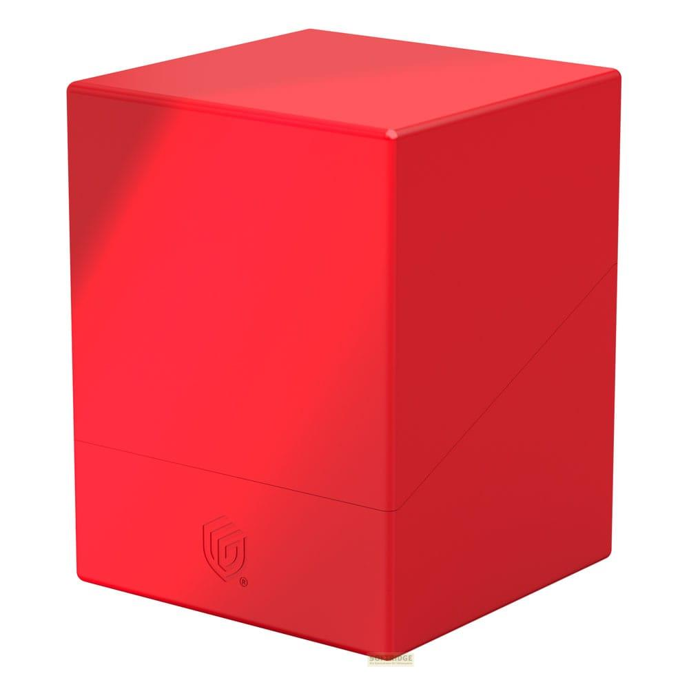 Una scatola portaoggetti rossa a forma di cubo con logo sul davanti.