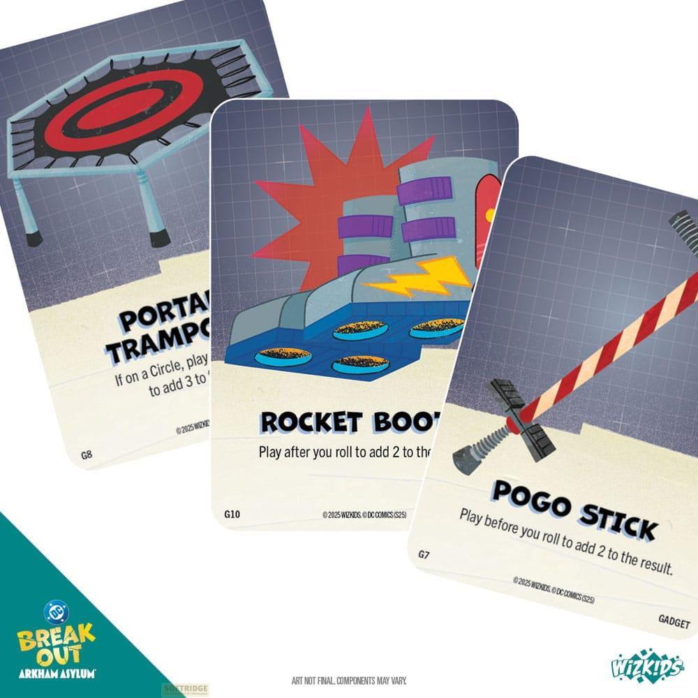 Tre carte da gioco: un trampolino portatile, stivali a razzo e un pogo.