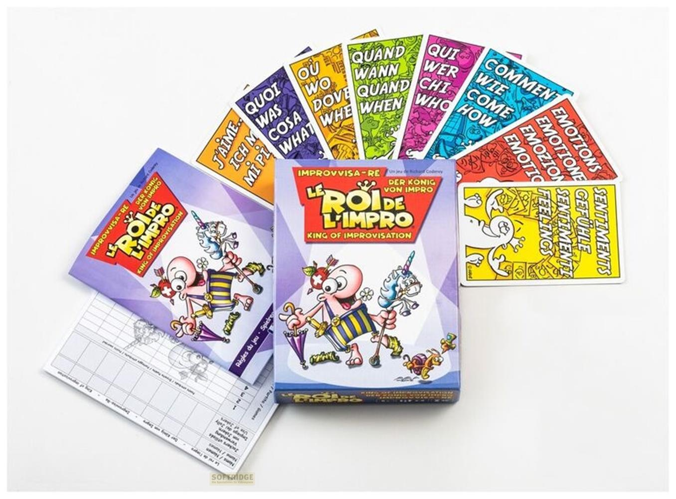 Cartes et boîte de jeu pour un jeu d'improvisation sur fond blanc.