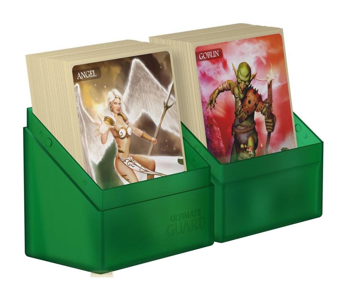Deux porte-cartes verts avec des cartes fantastiques : un ange et un gobelin.