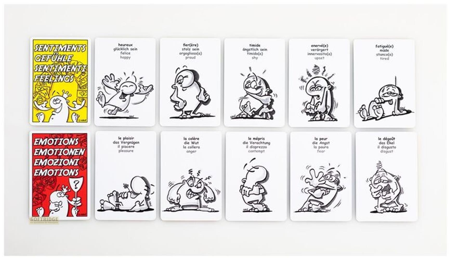 Cartes avec des dessins animés représentant des émotions, avec du texte en plusieurs langues.