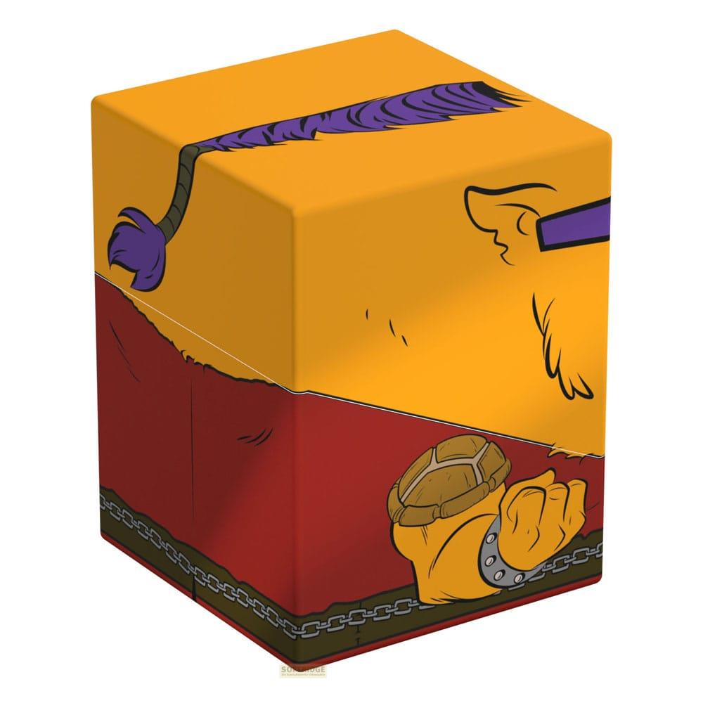 Scatola gialla con coda viola e area rossa con catene e guscio di tartaruga.