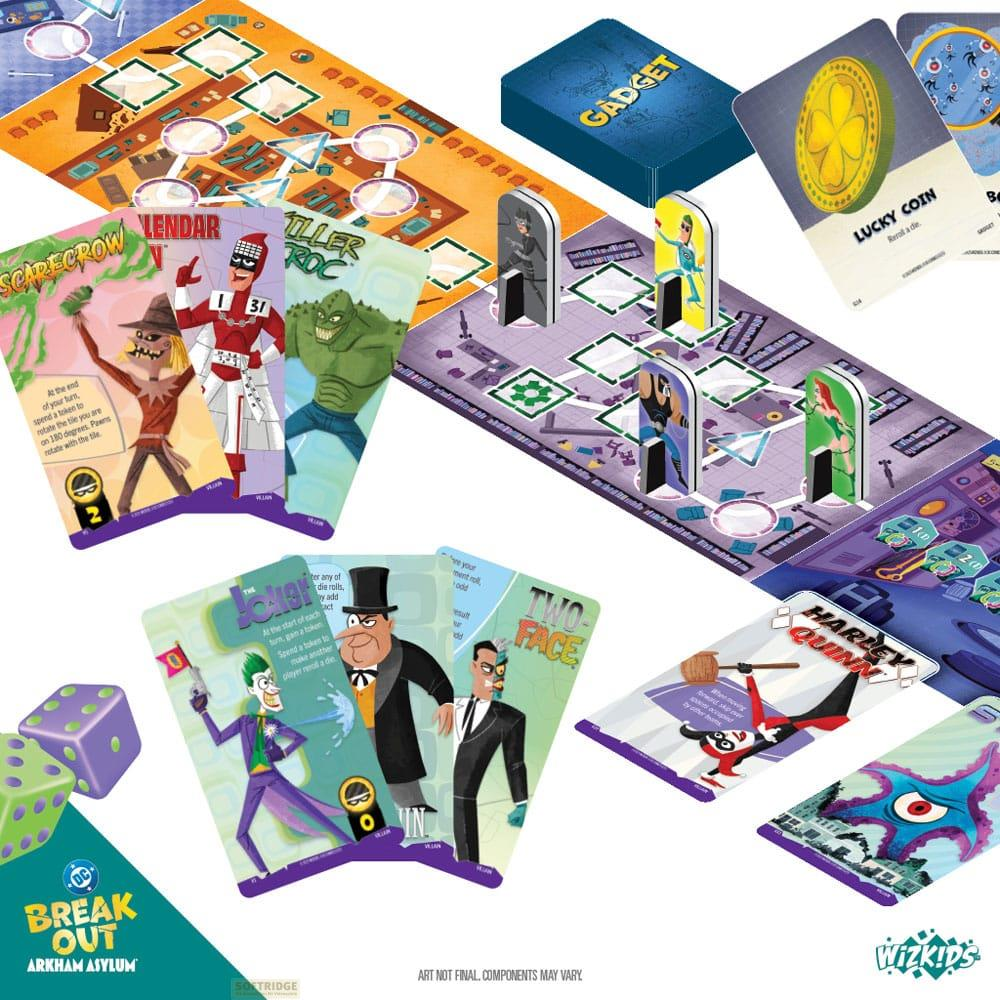 Gioco da tavolo Batman Arkham Asylum con carte personaggio, dadi e tabellone.