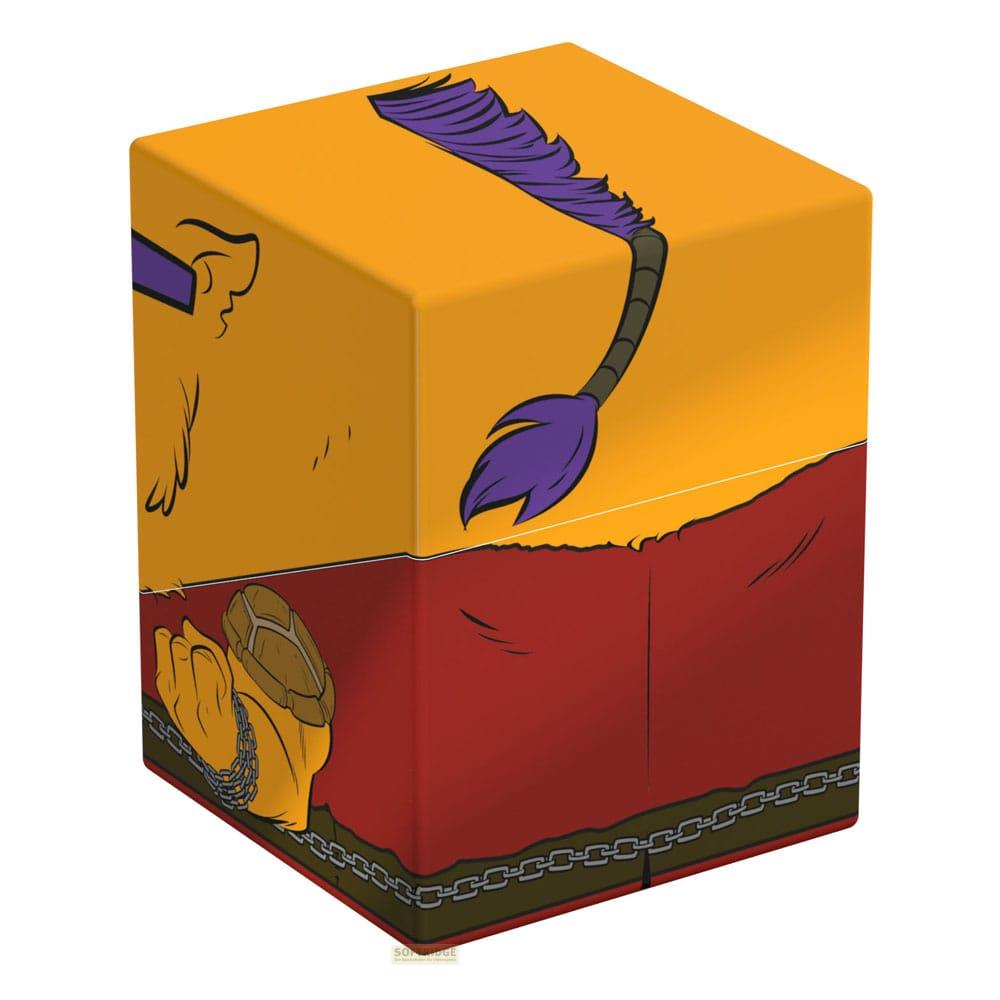Un cubo arancione con parte inferiore rossa, che mostra una mano incatenata.